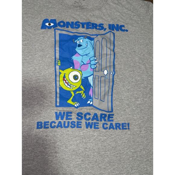 Disney Pixar Monsters Inc Mens Large Grey We Scare Because We Care Graphic Tee - Picture 2 of 5